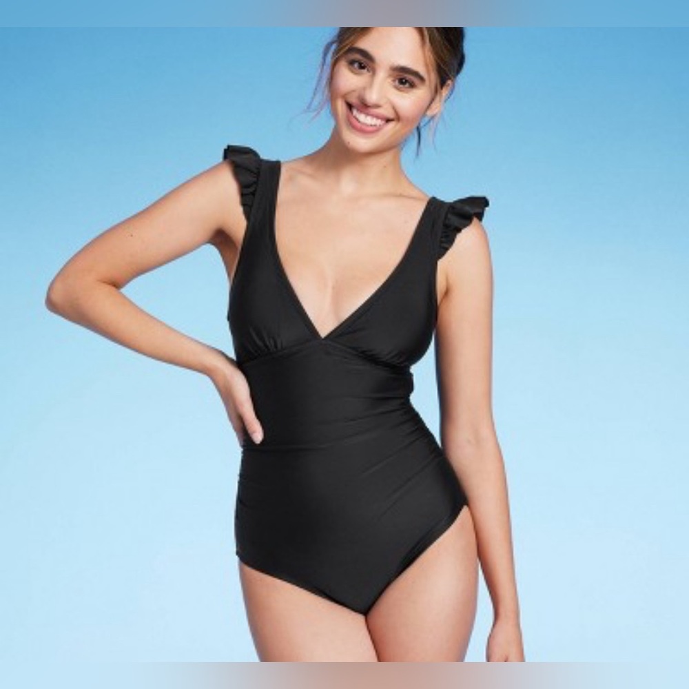 NWT Kona Sol Black Ruffle Sleeve One Piece Swimsuit